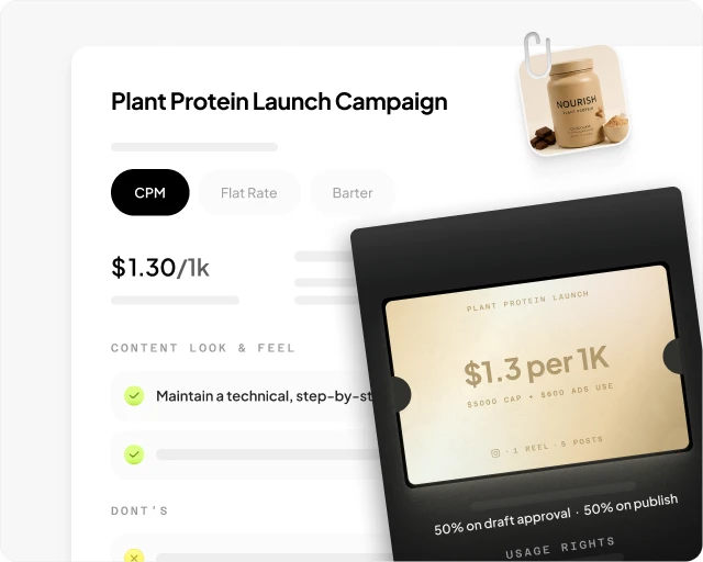 A campaign brief with CPM, flat rate and barter pricing models and a usage-rights card